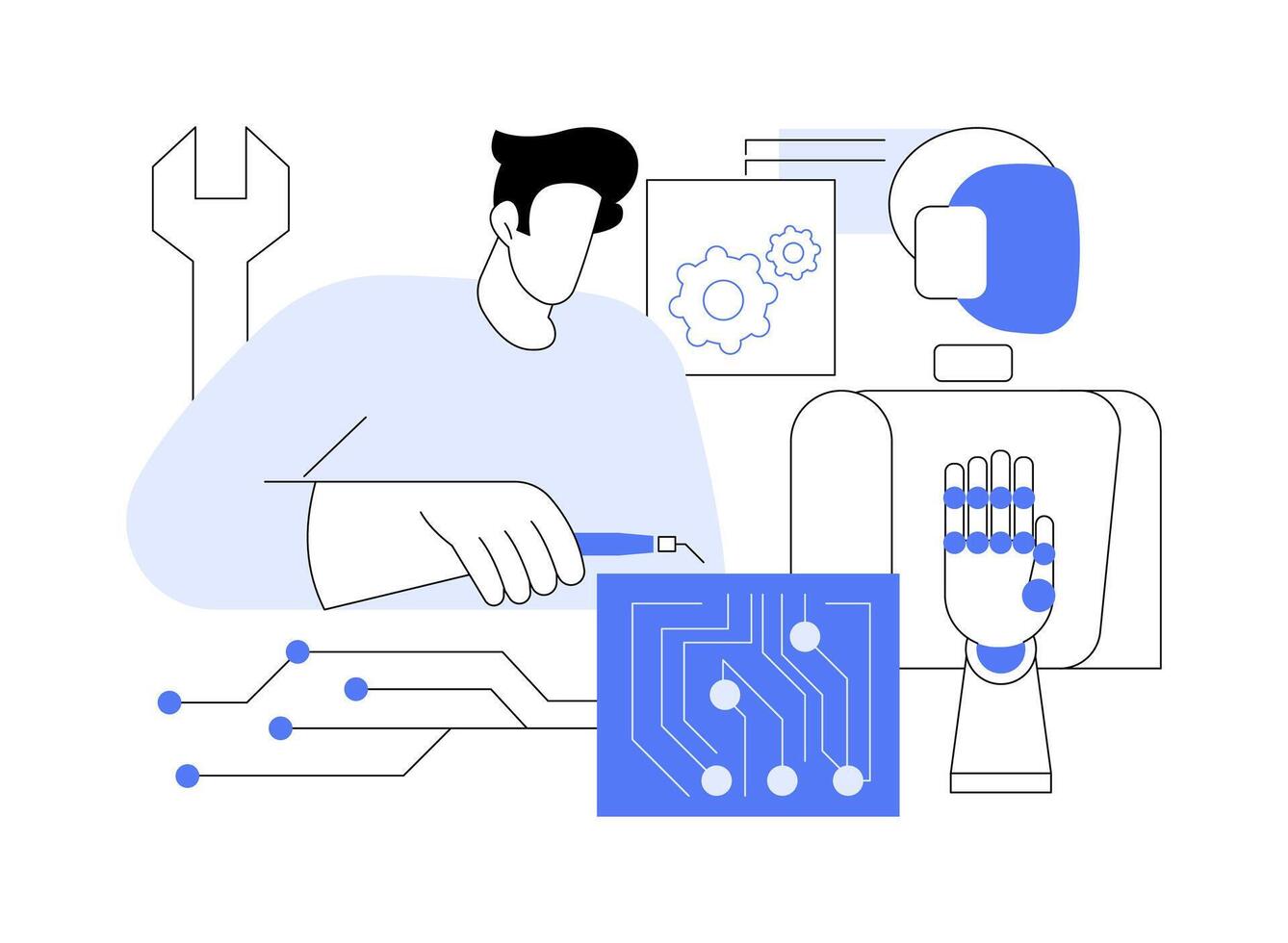 Robot electronics assembly isolated cartoon illustrations. vector