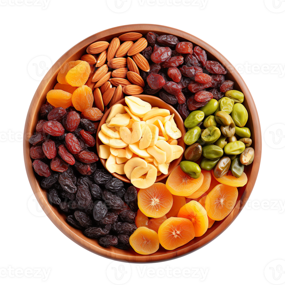 bowl of dried fruits top view isolated on transparent background png