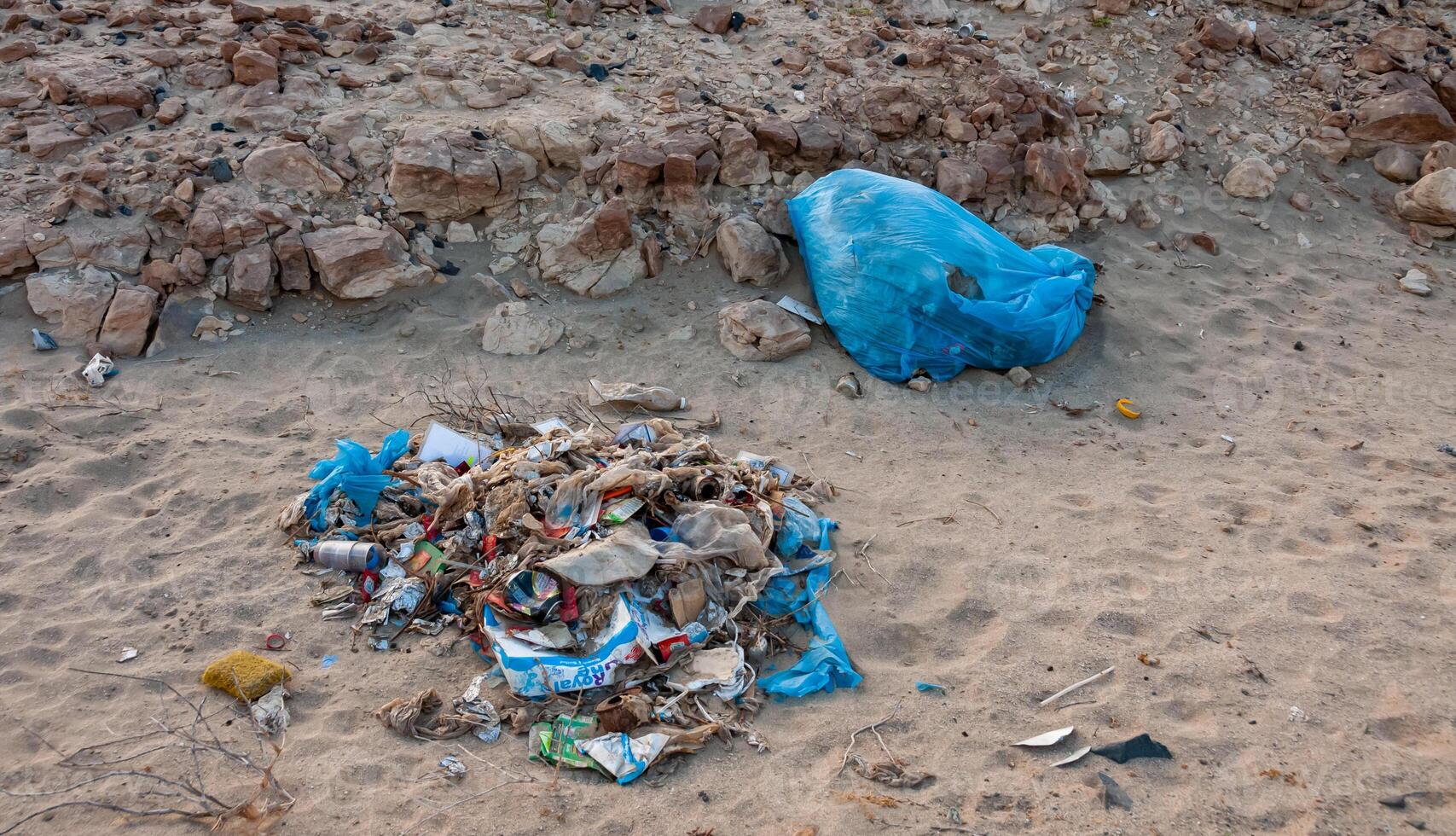 Plastic bottles and various garbage from hotels in the wild, Garbage dump in the desert in Egypt photo