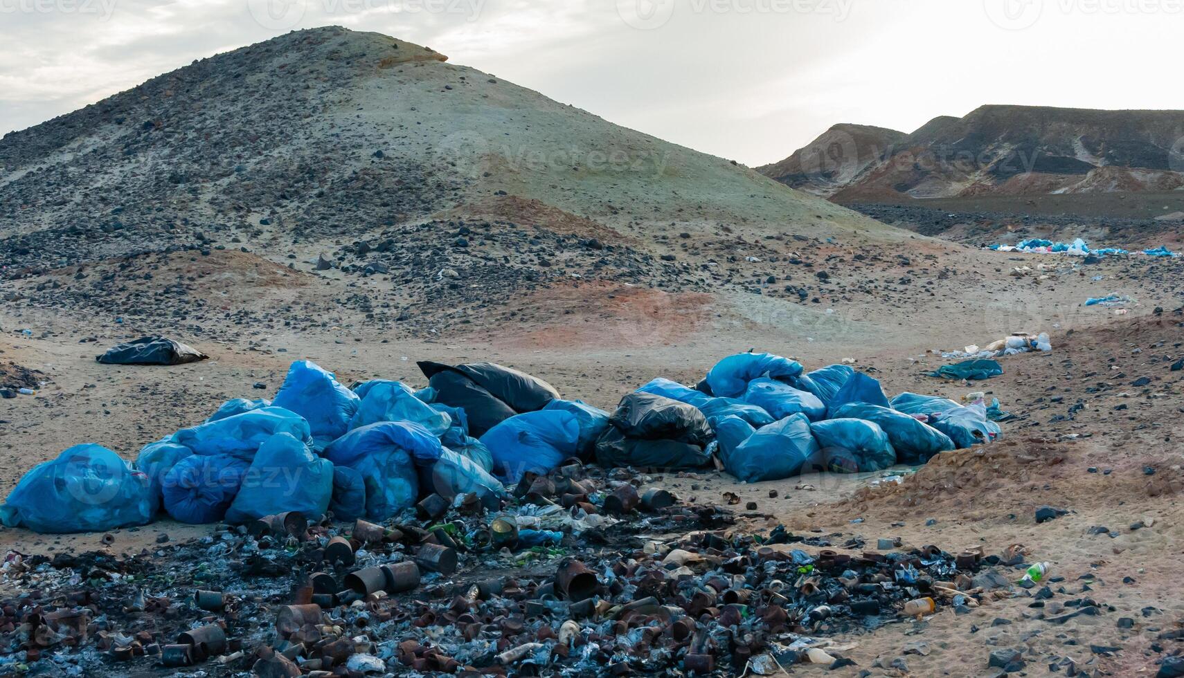 Plastic bottles and various garbage from hotels in the wild, Garbage dump in the desert in Egypt photo