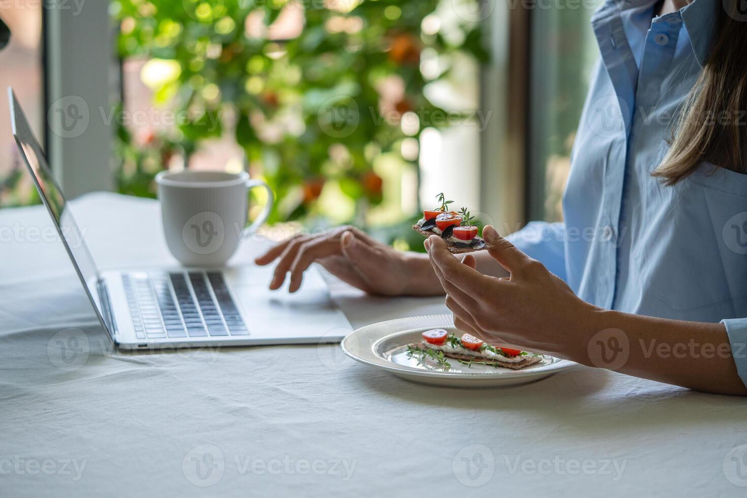 Female has rye crispbread sandwich at table, brows online, work on laptop while eating, snack on go photo