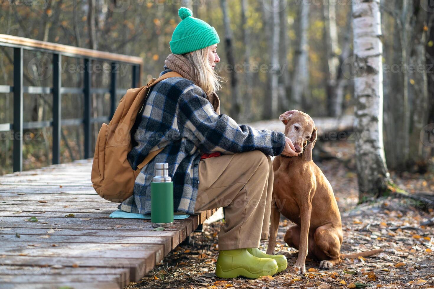 Woman traveler pauses hike, feeds Vizsla hunting dog by hand, sitting on eco trail in autumn park photo