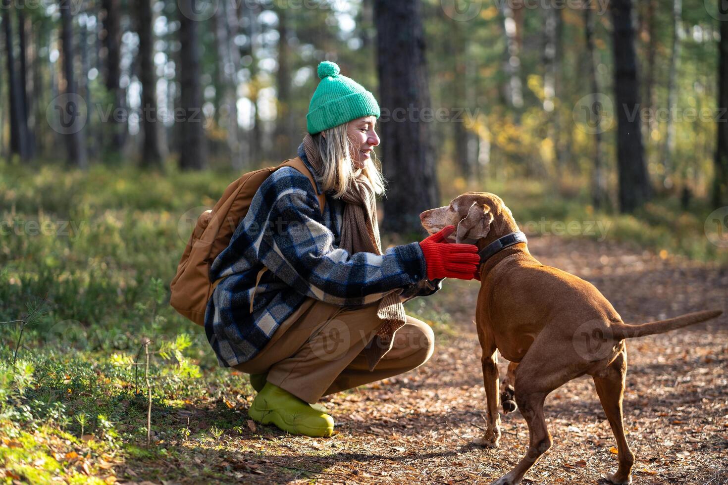 Cheerful woman bending over, chatting with dog, soothing, petting animal on autumn forest walk photo