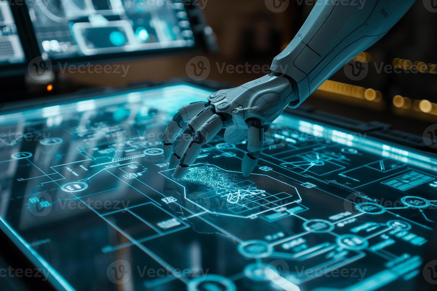 Hand and fingers of robot android checking electronic digital panel photo
