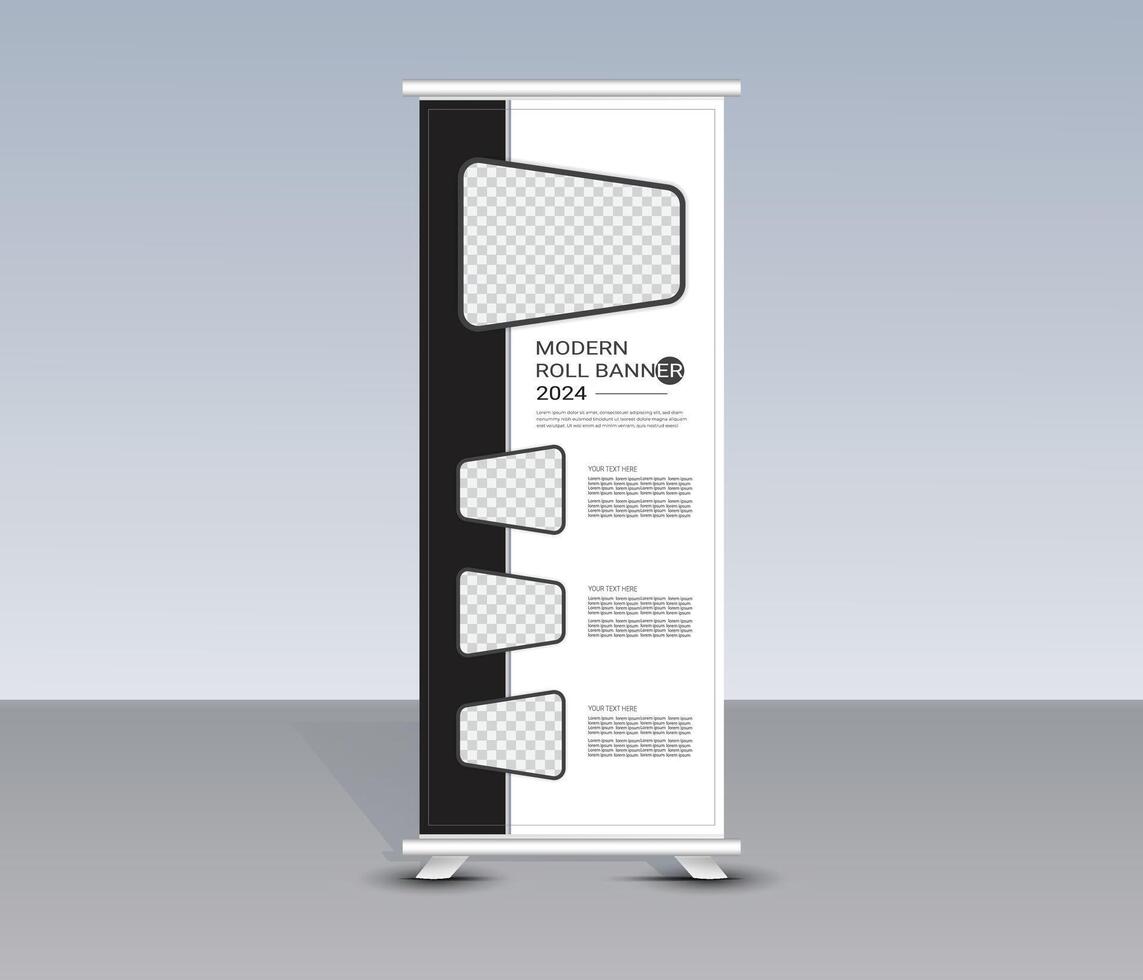 Corpoate roll up banner stand with a black and white design vector
