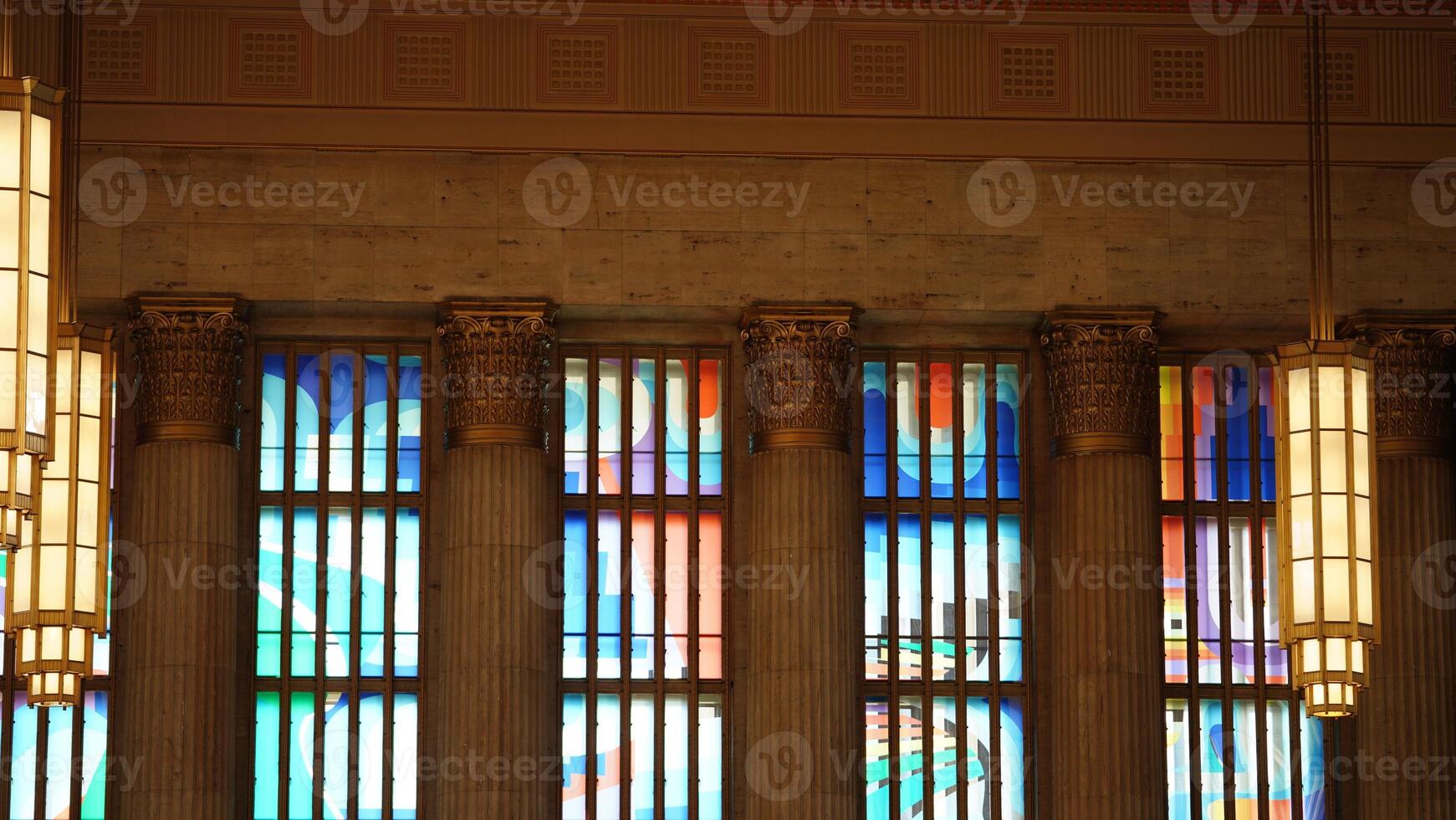 The Philadelphia train station internal view with the colorful glass windows in it photo