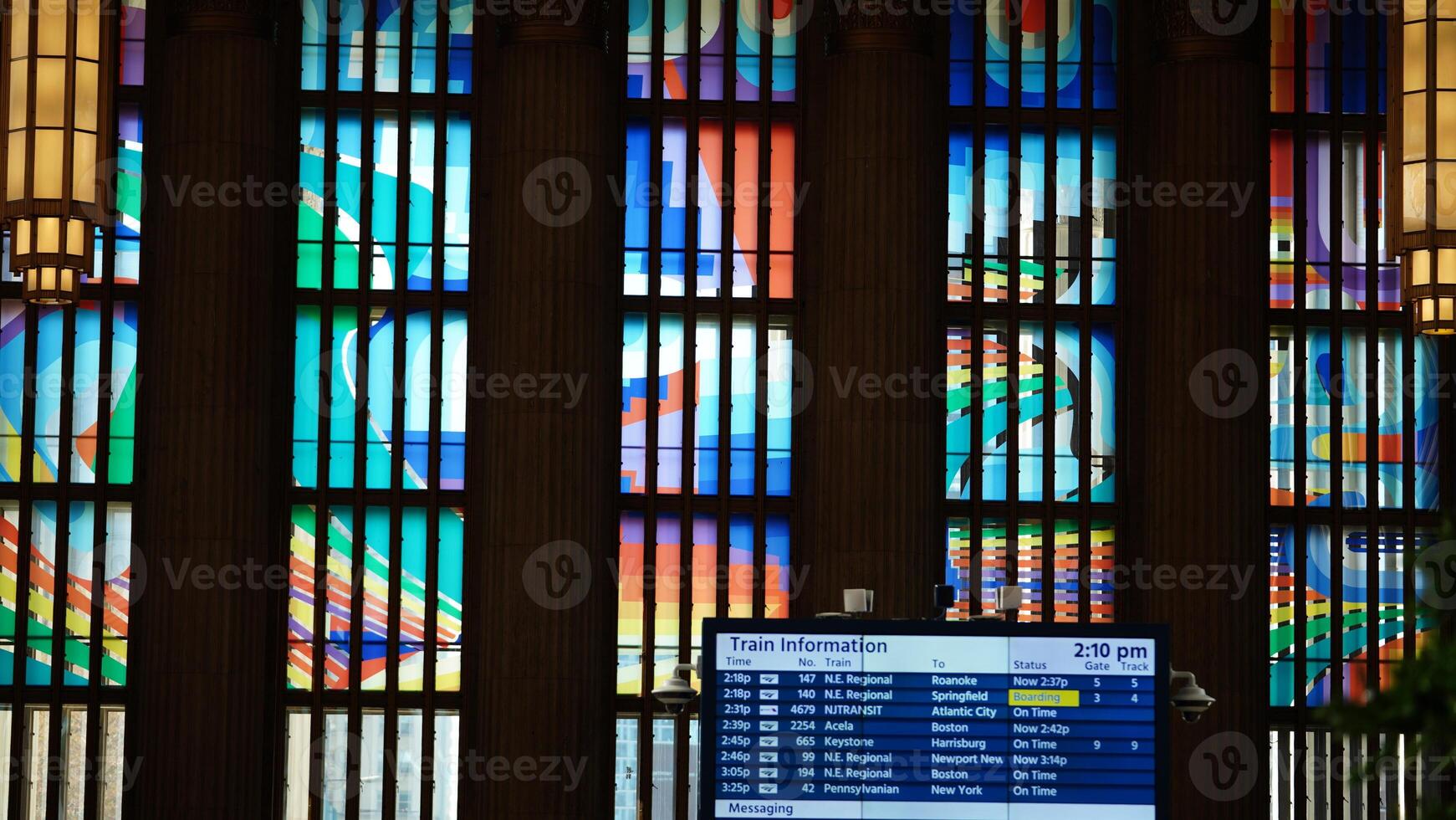 The Philadelphia train station internal view with the colorful glass windows in it photo
