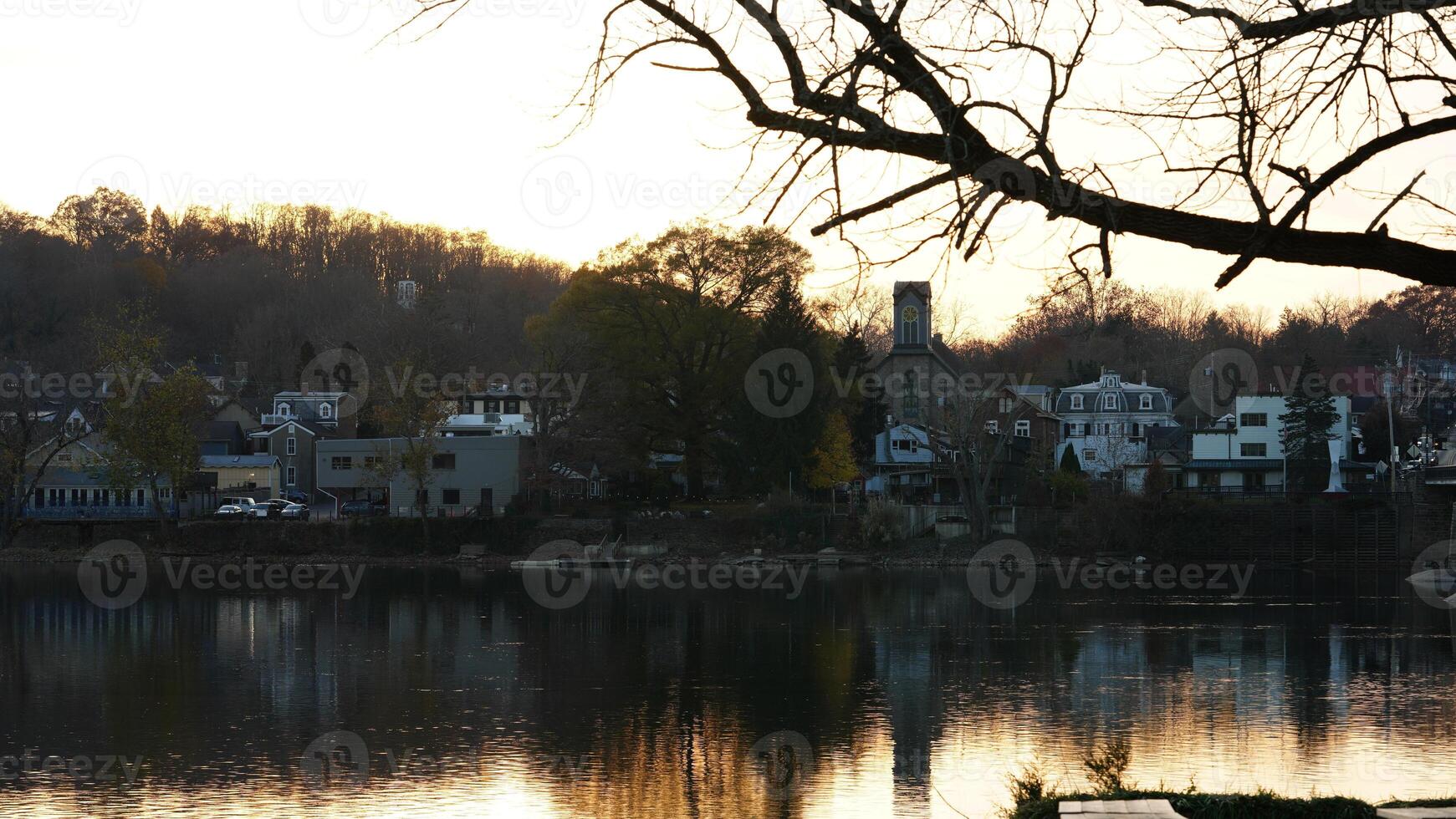 The beautiful sunset view with the colorful sky and river as background in a little USA town photo