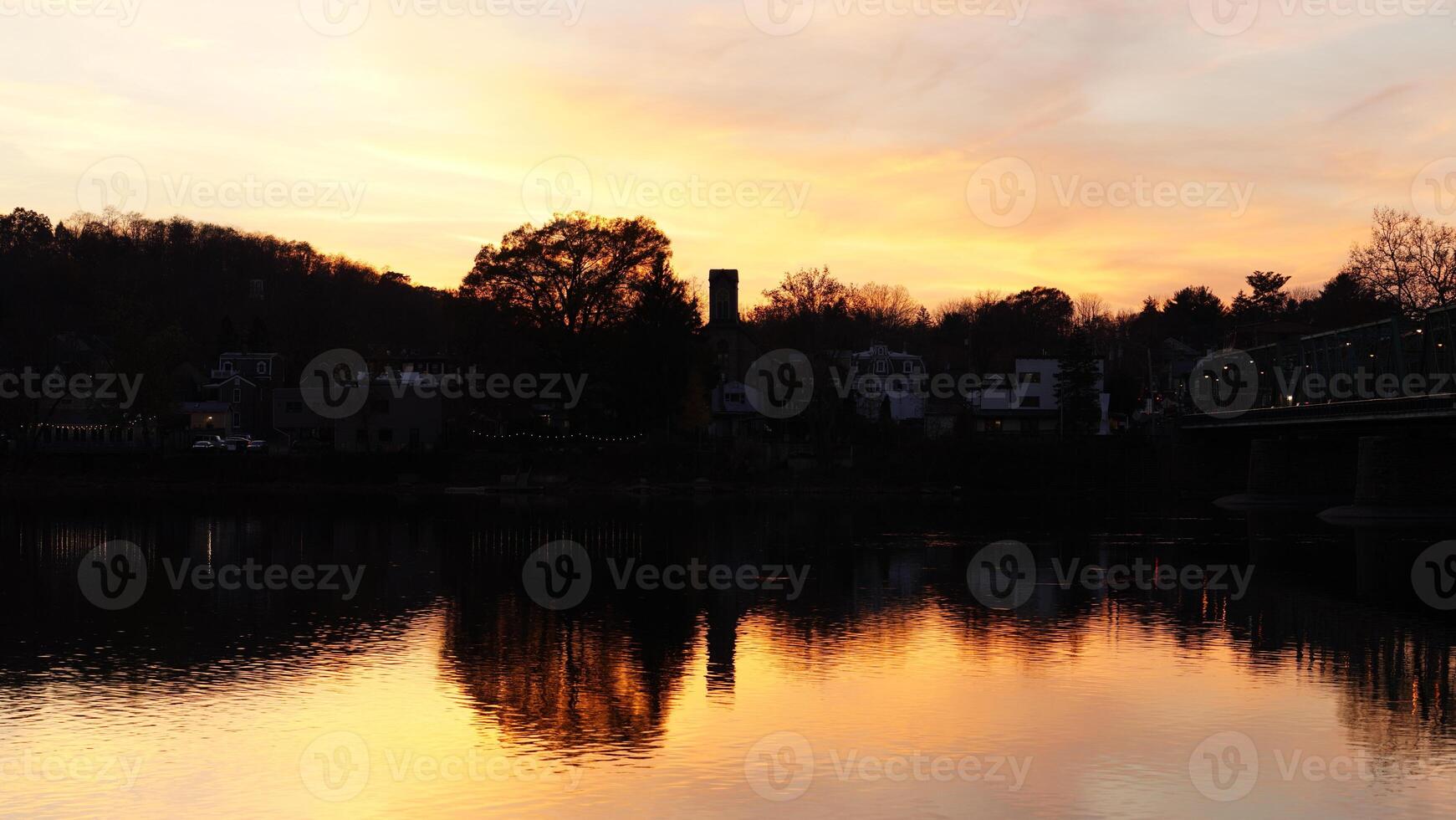 The beautiful sunset view with the colorful sky and river as background in a little USA town photo