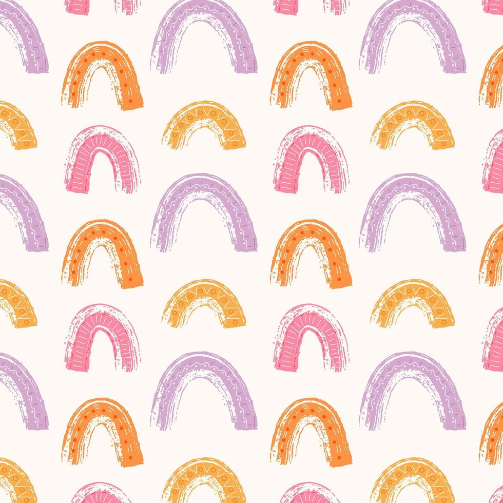 Abstract colorful rainbows seamless pattern. Doodle hand drawn rainbow in Scandinavian style. Kids design illustration. vector