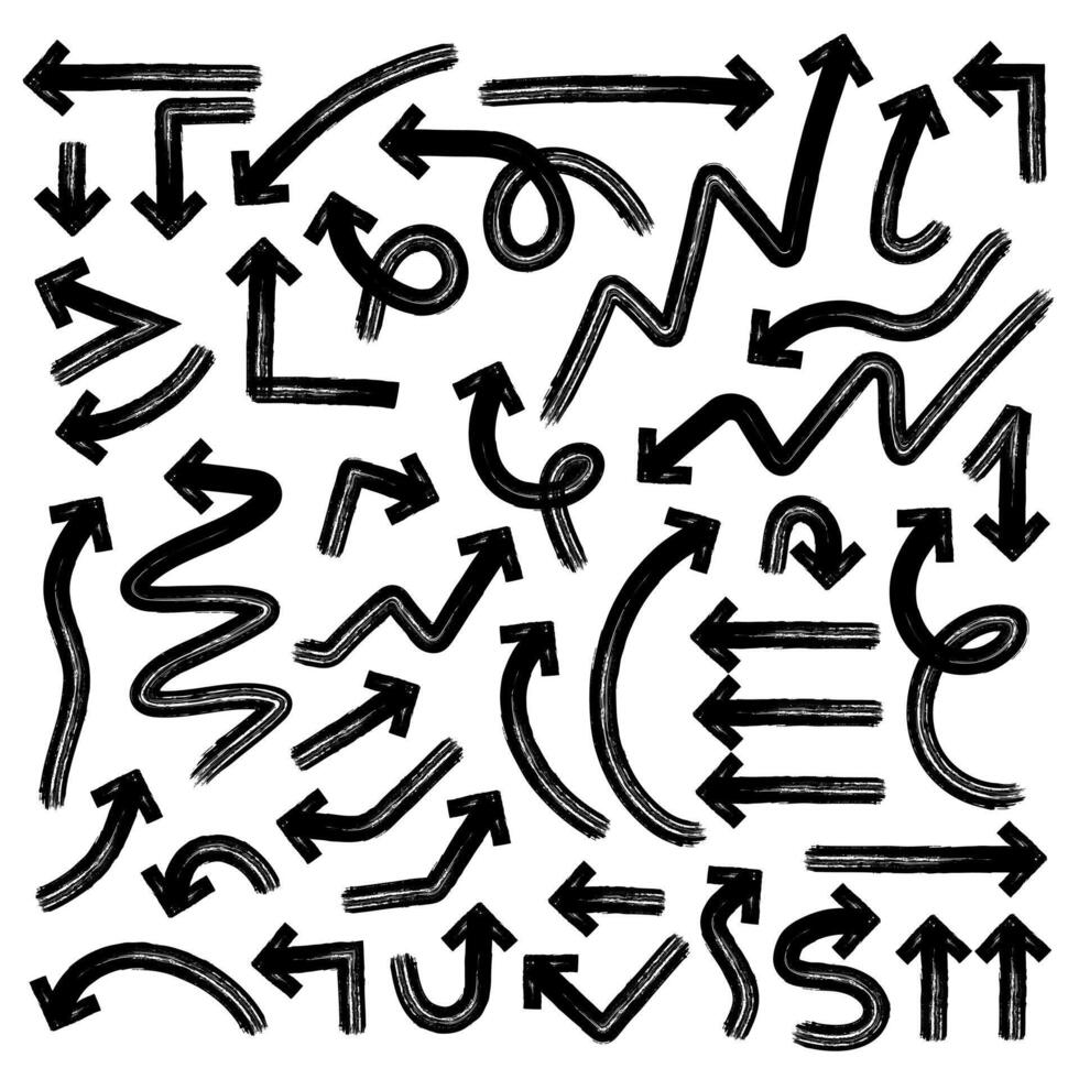 Black brash stroke arrow in different directions isolated on white. Bold hand drawn sign collection. vector