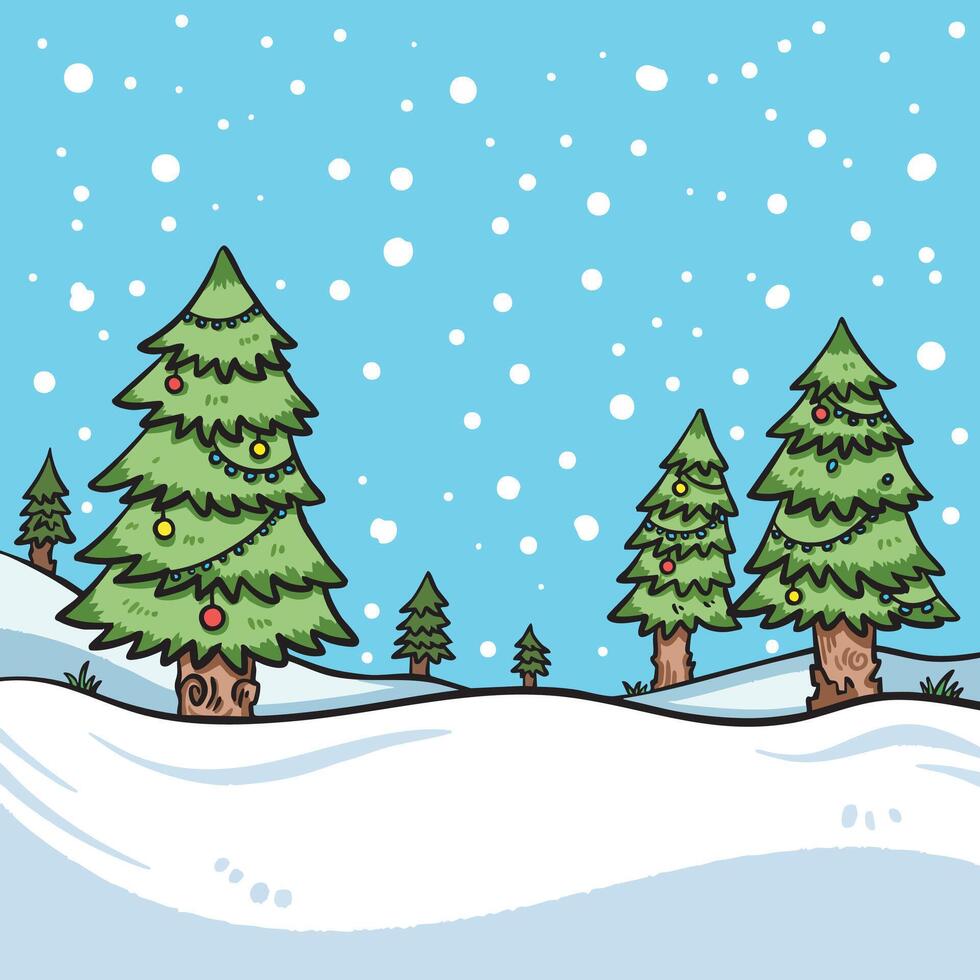 Christmas trees with winter snow field environment colorful illustration isolated on square background. Simple flat outlined cartoon art styled drawing. vector