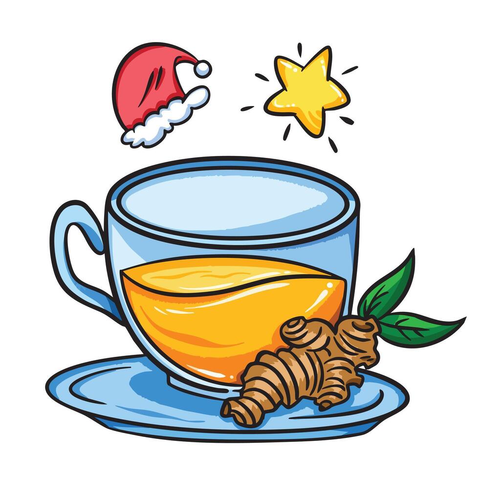 Christmas drink warm ginger tea in glass cup with star and santa hat decoration colorful illustration isolated on square white background. Simple flat outlined cartoon art styled drawing. vector