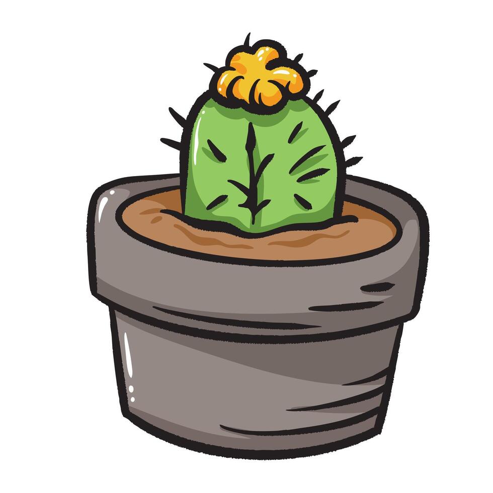 Yellow and green moon cactus succulent potted plant colorful illustration isolated on square white background. Simple flat outlined cartoon art styled drawing. vector