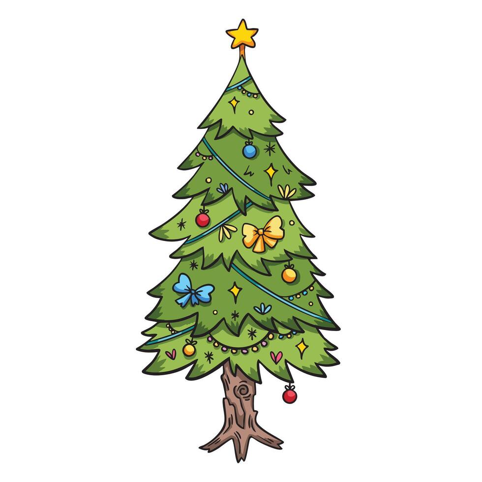 Decorated christmas tree with star and hanging light balls colorful illustration isolated on square background. Simple flat outlined cartoon art styled drawing. vector