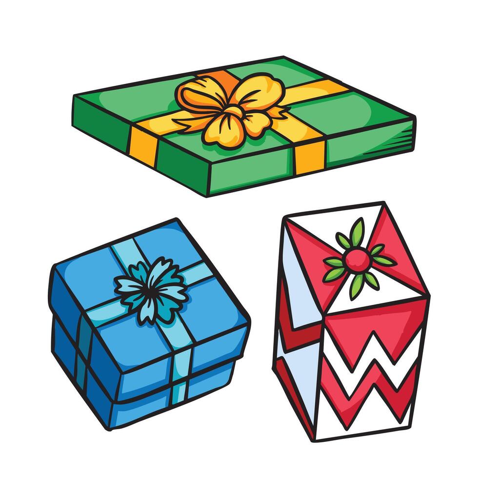 Three Christmas gift boxes colorful illustration set collection isolated on square white background. Simple flat outlined cartoon art styled drawing. vector