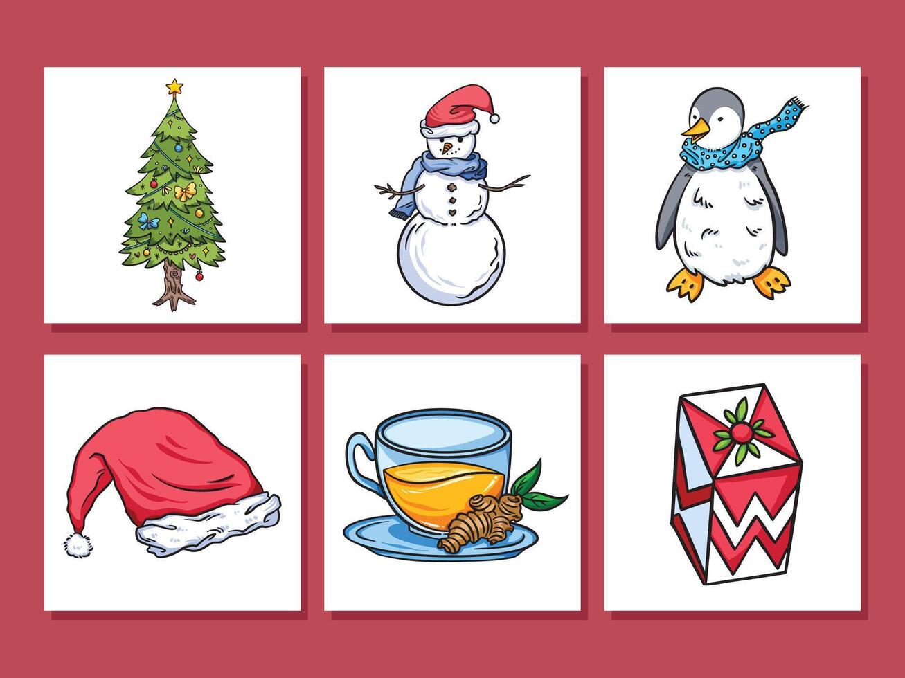 Christmas tree, snowman, penguin, santa hat, ginger tea, and gift box illustration set. Simple flat outlined cartoon art styled Christmas themed drawing. vector