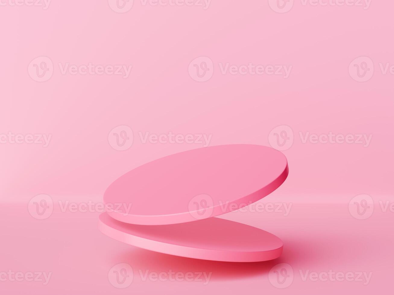 Two flying pink pastel cylinder podium for products promotion. 3d render illustration photo