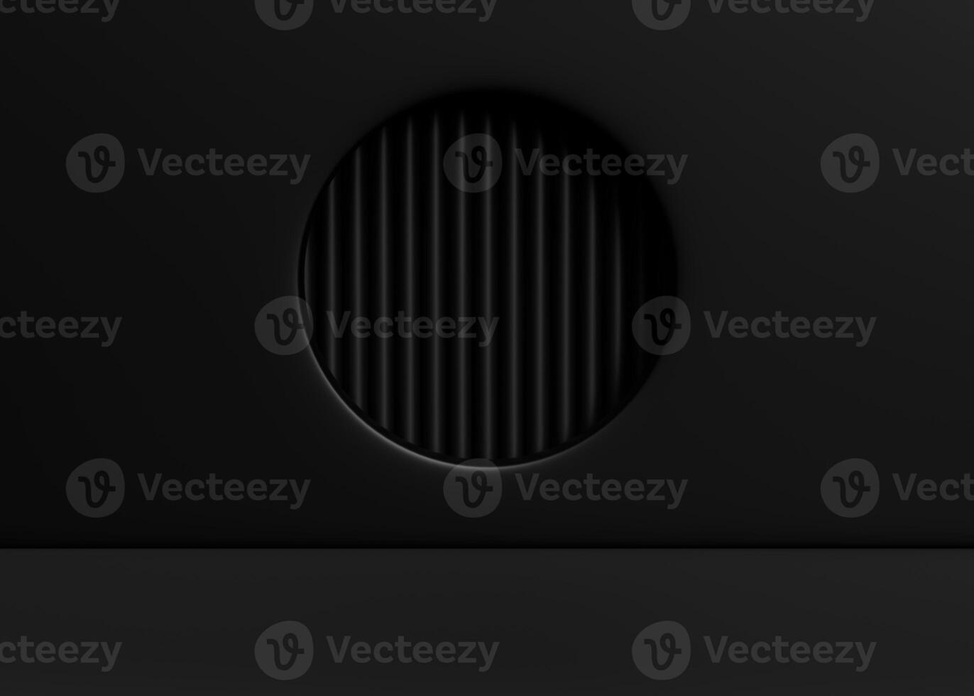 Empty black studio bg with circle window for product show. 3d render photo