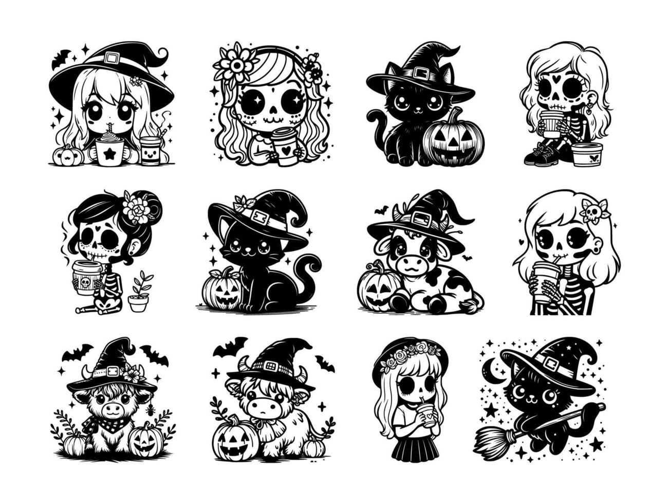 Cute Halloween Set with Witches, Cats, Cows, and Skeletons vector