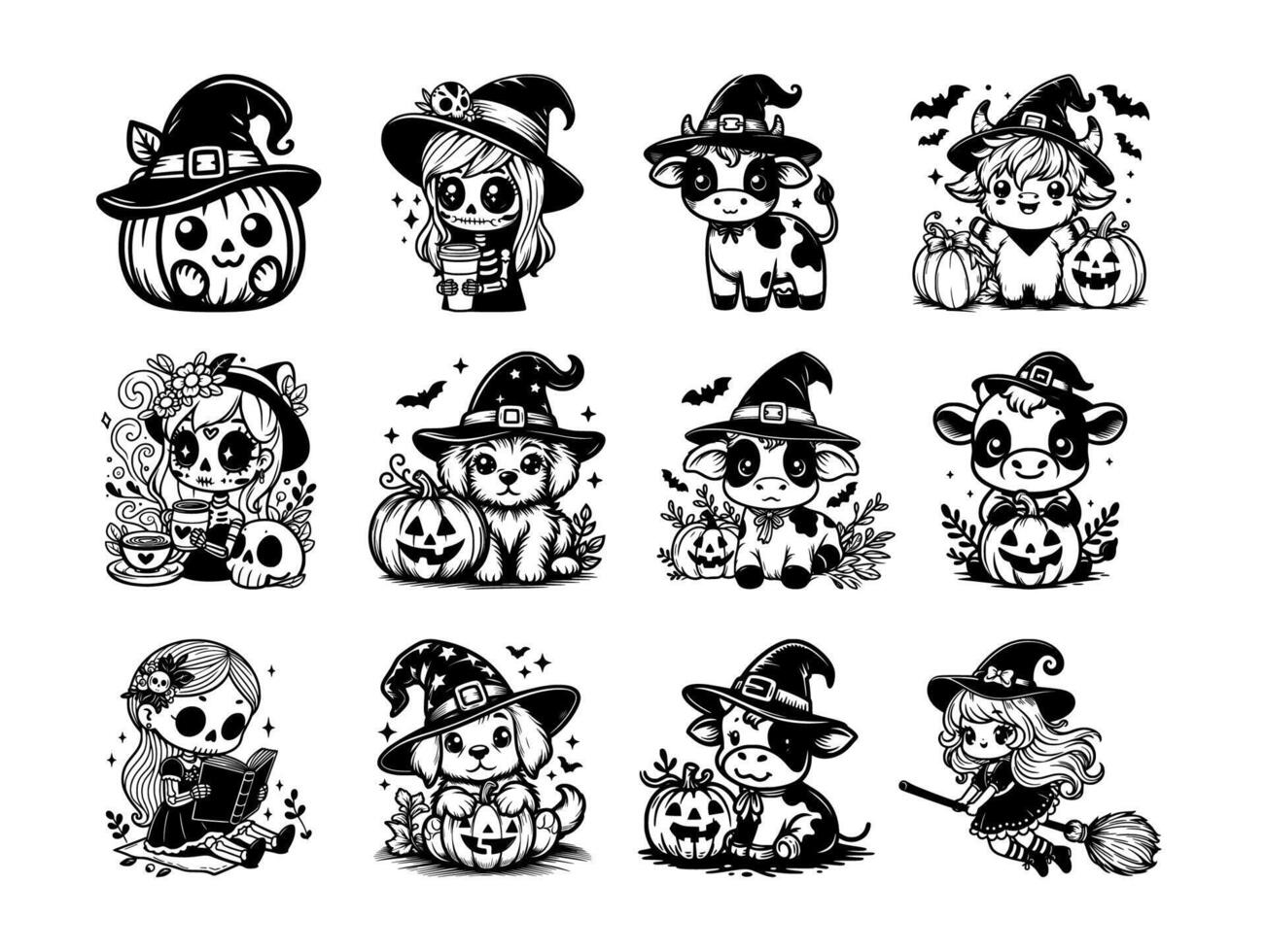 Cute Halloween Characters in Witch Costumes vector