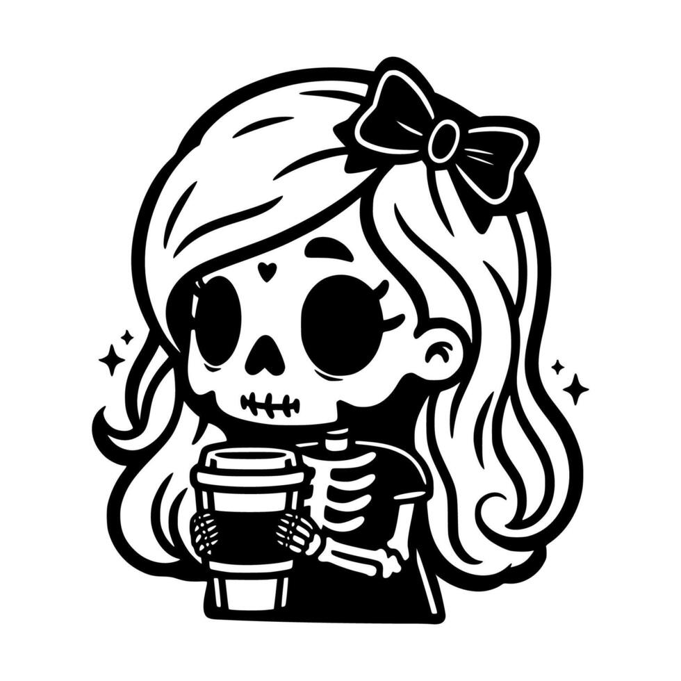 Cute skeleton themed girl holding a coffee cup, adorned with a bow, blending spooky and cozy elements. vector