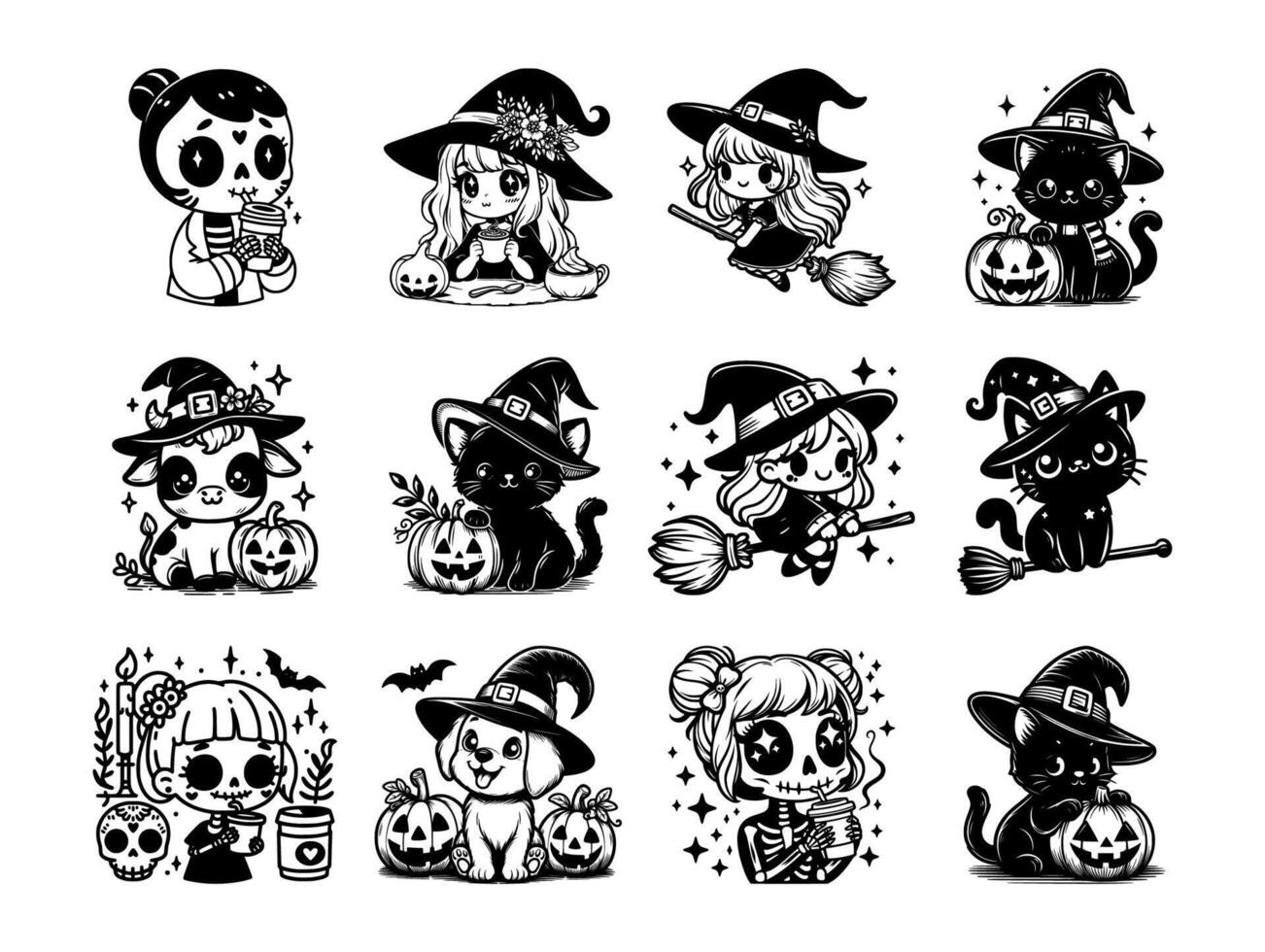 Cute Halloween Witches, Cats, and Skeleton Characters vector