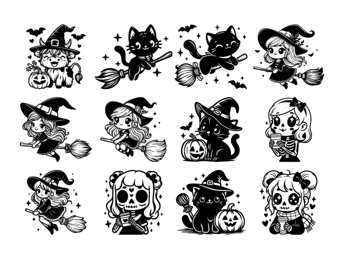 Adorable Witches, Cats, and Skeletons in Halloween Art vector