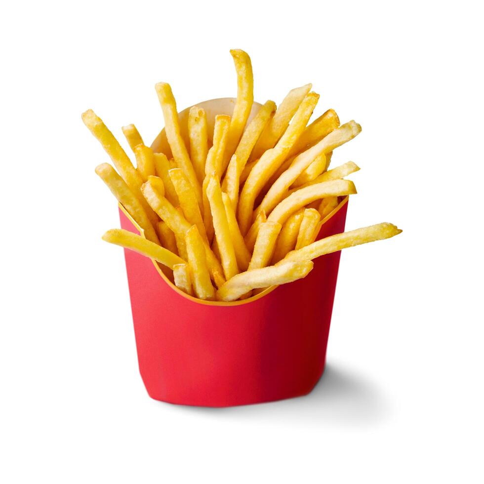 french fries in a red paper container photo