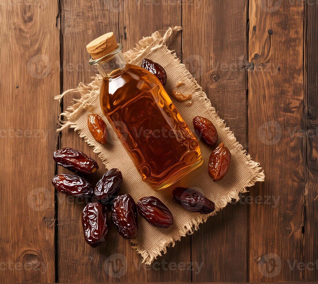 Dates sauce in bottle with dry dates photo