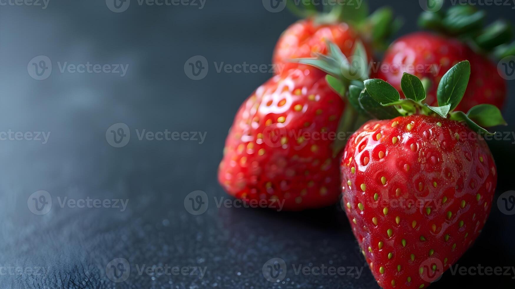Three strawberries are sitting on a black surface photo