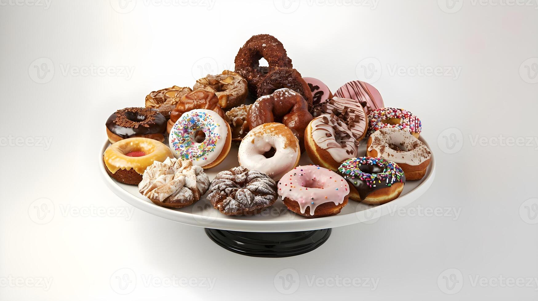 A white plate with many donuts on it photo