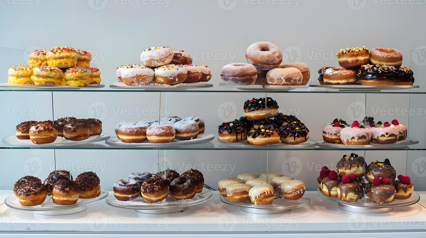 A display case filled with various types of donuts photo
