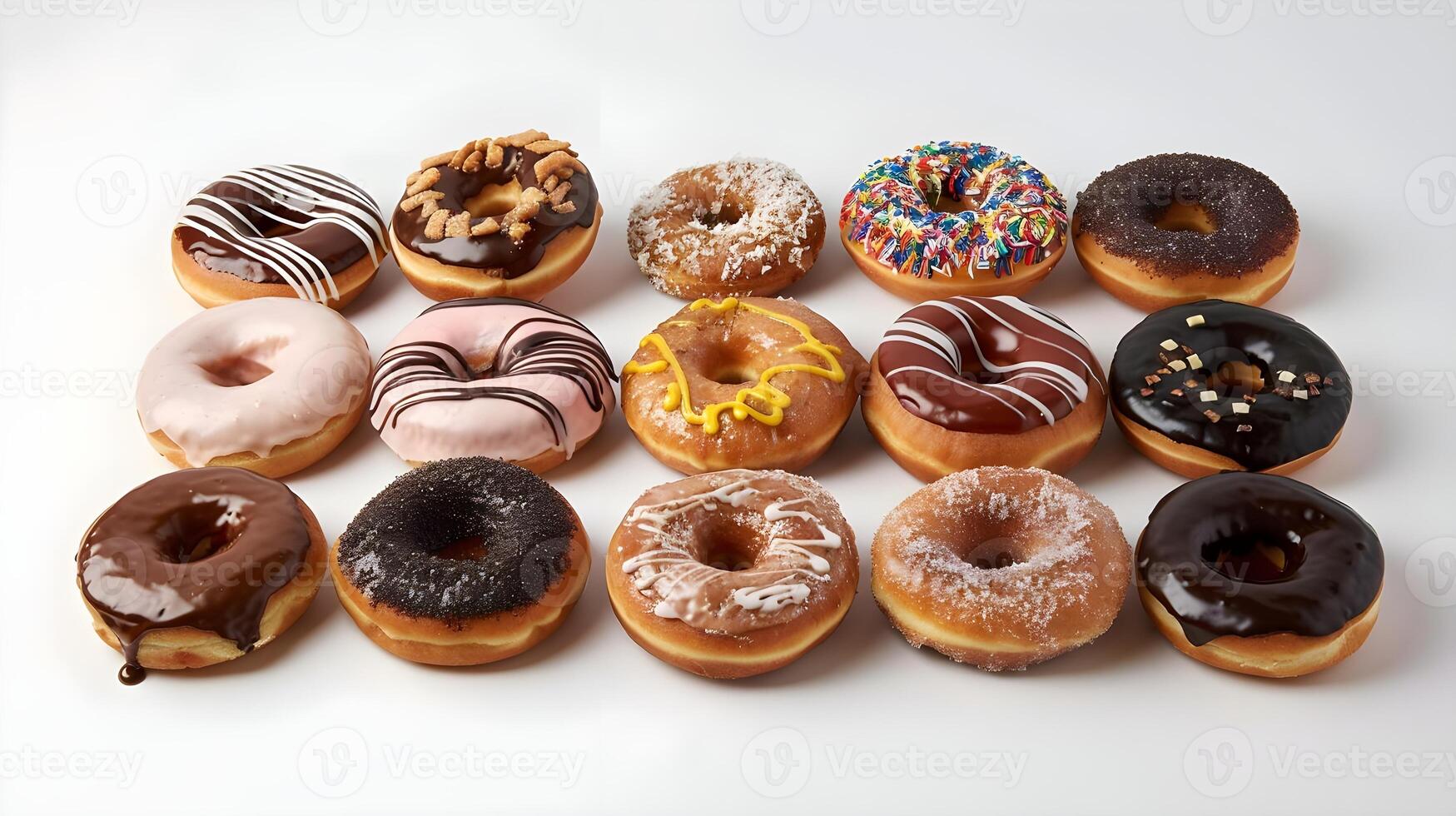 A dozen donuts are arranged in a row on a white surface photo