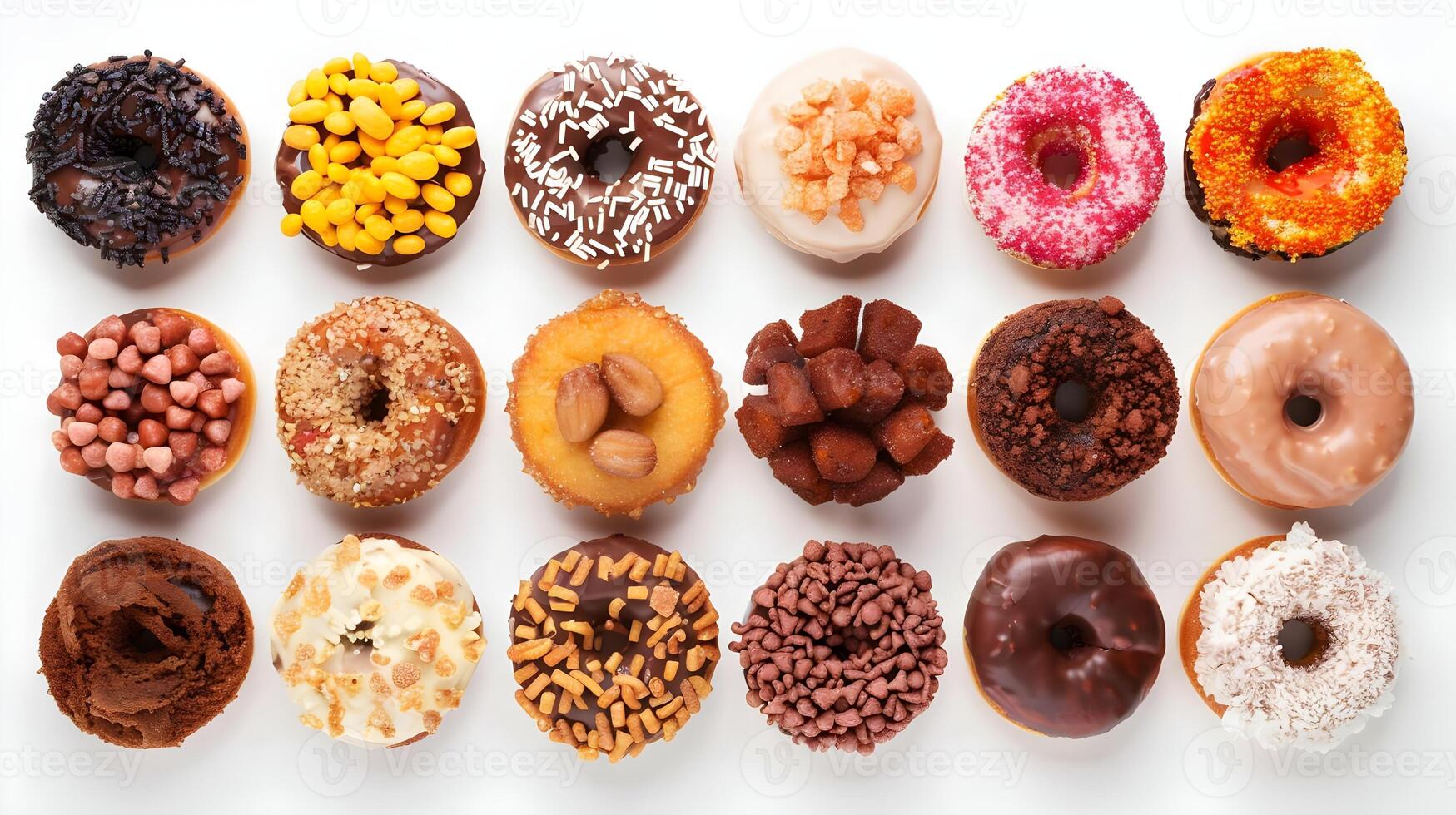 A variety of donuts are arranged in a circle photo