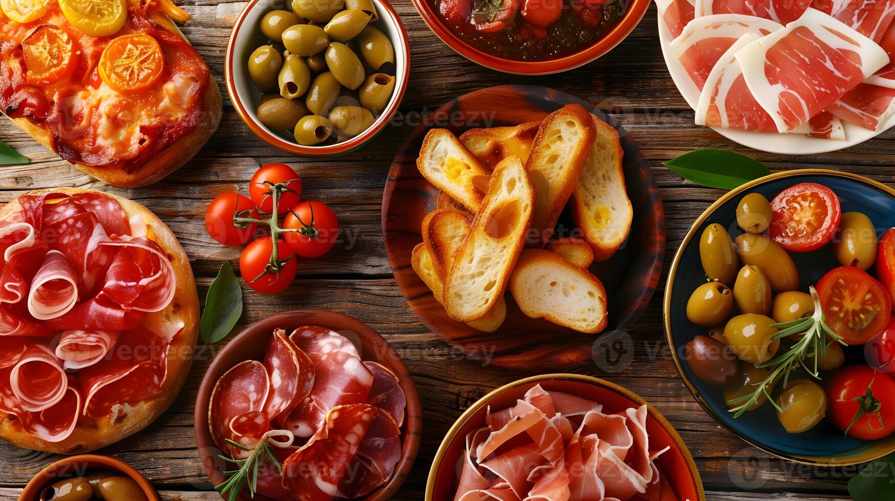 Many different types of food are arranged on a table photo