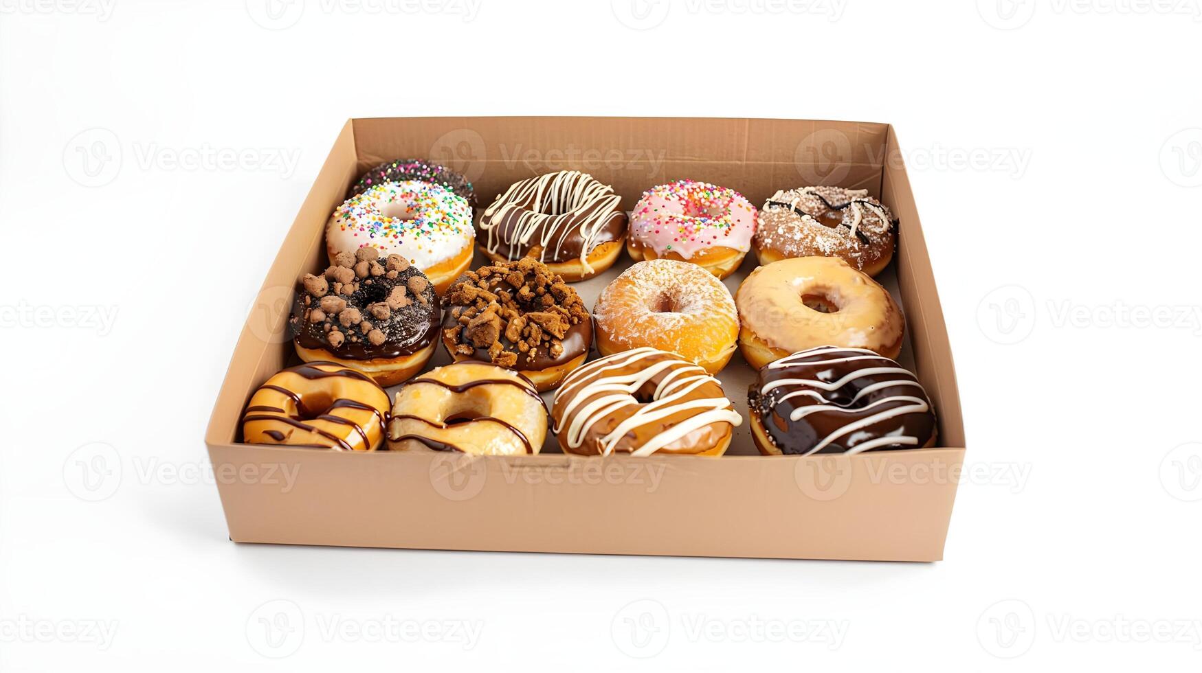 A box of assorted donuts on a white surface photo