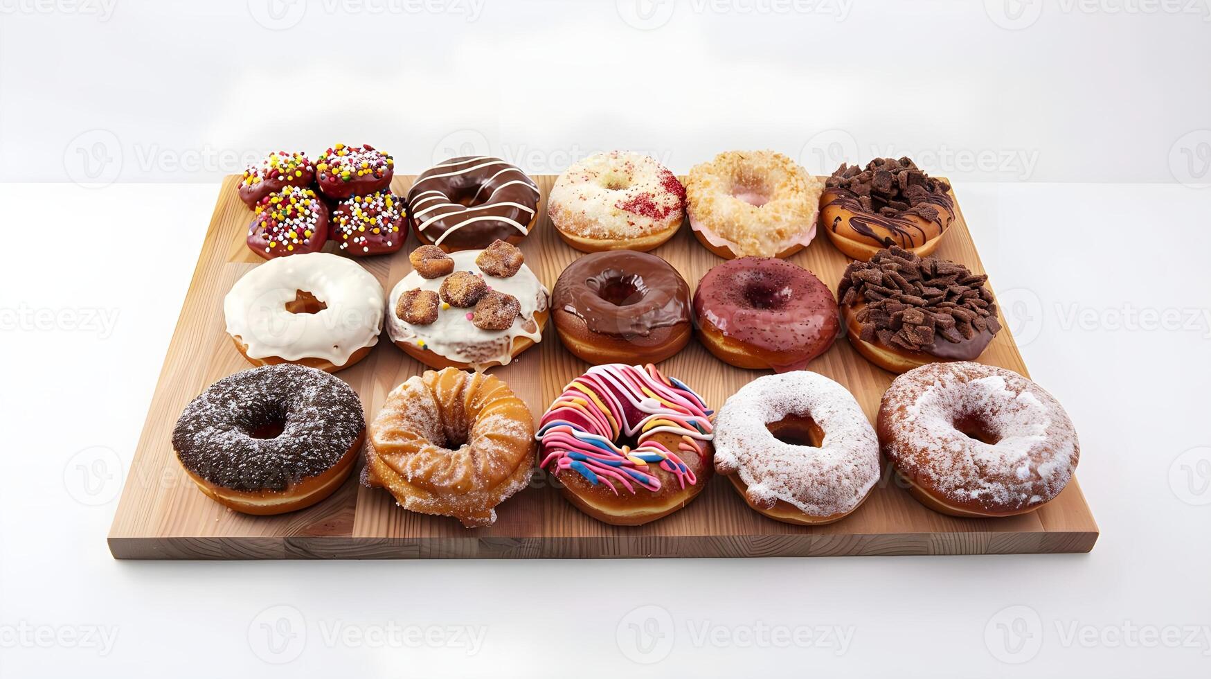 A wooden tray with a dozen different kinds of donuts photo