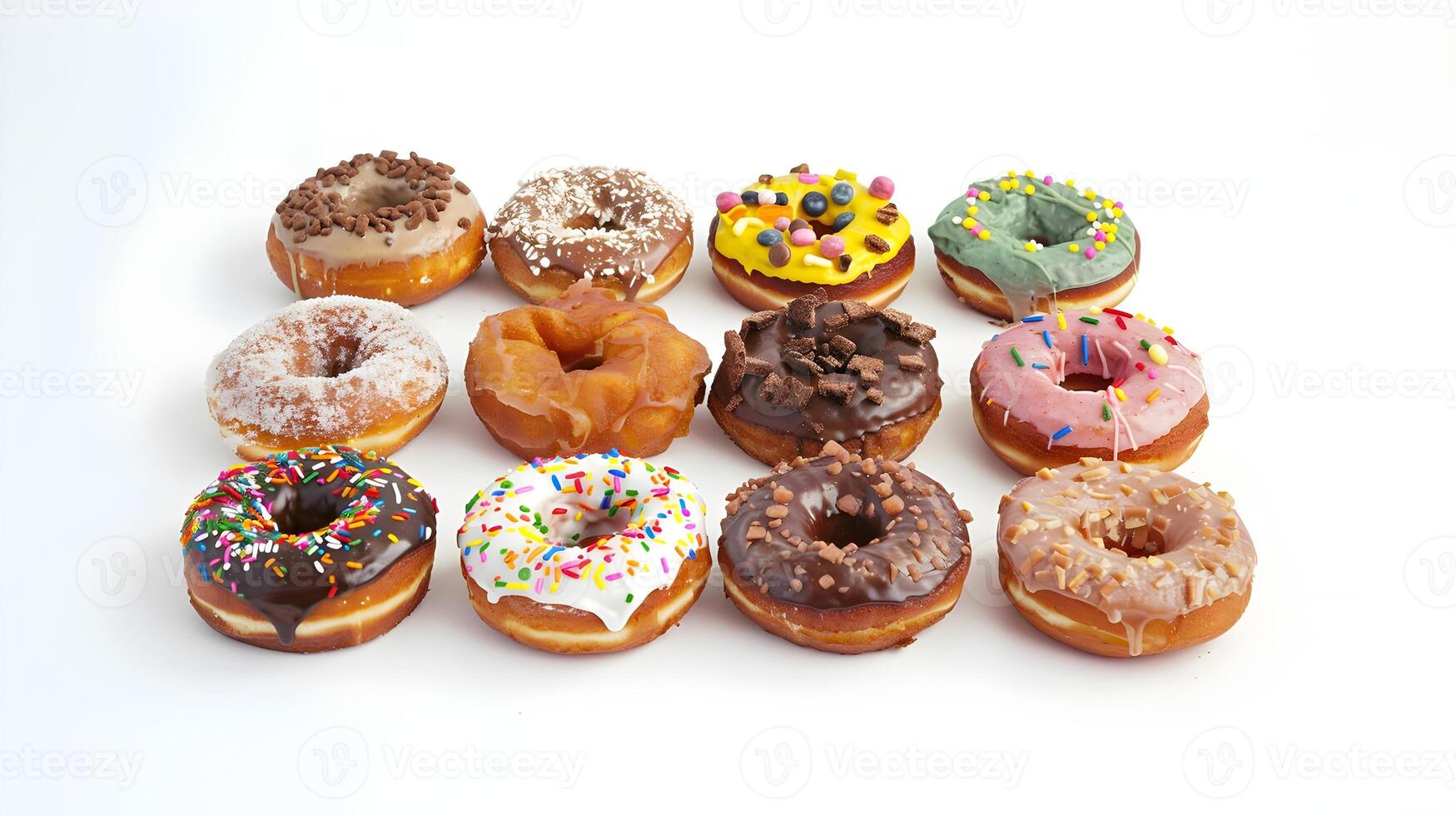A dozen donuts with sprinkles and frosting photo