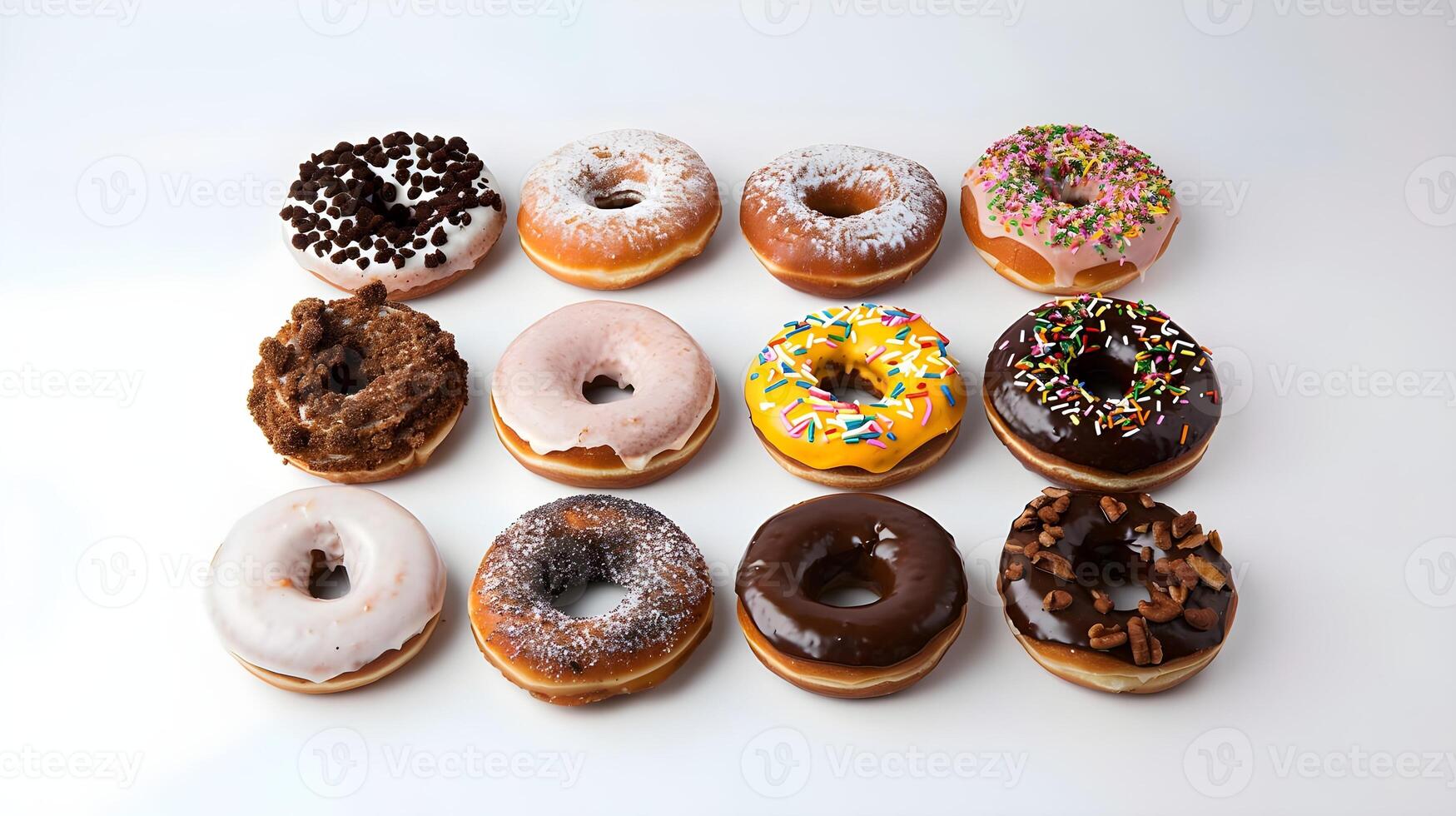 A dozen donuts are arranged in a row photo