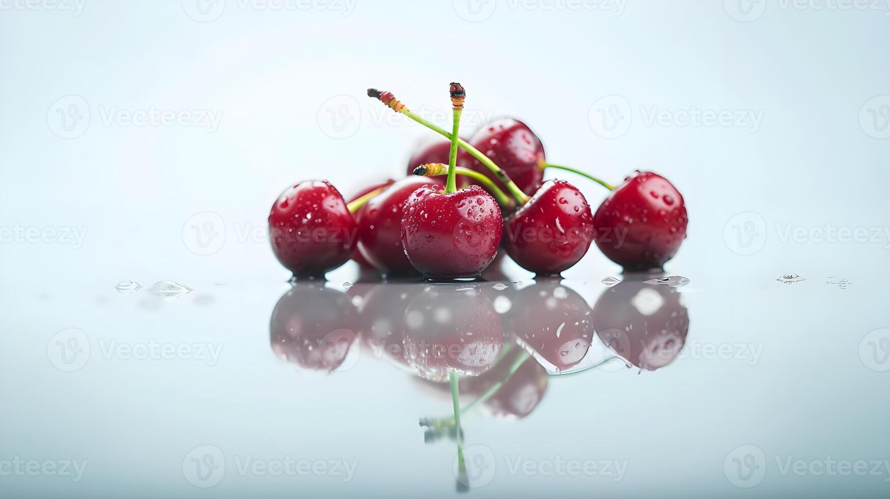 A group of cherries on a table with water droplets photo