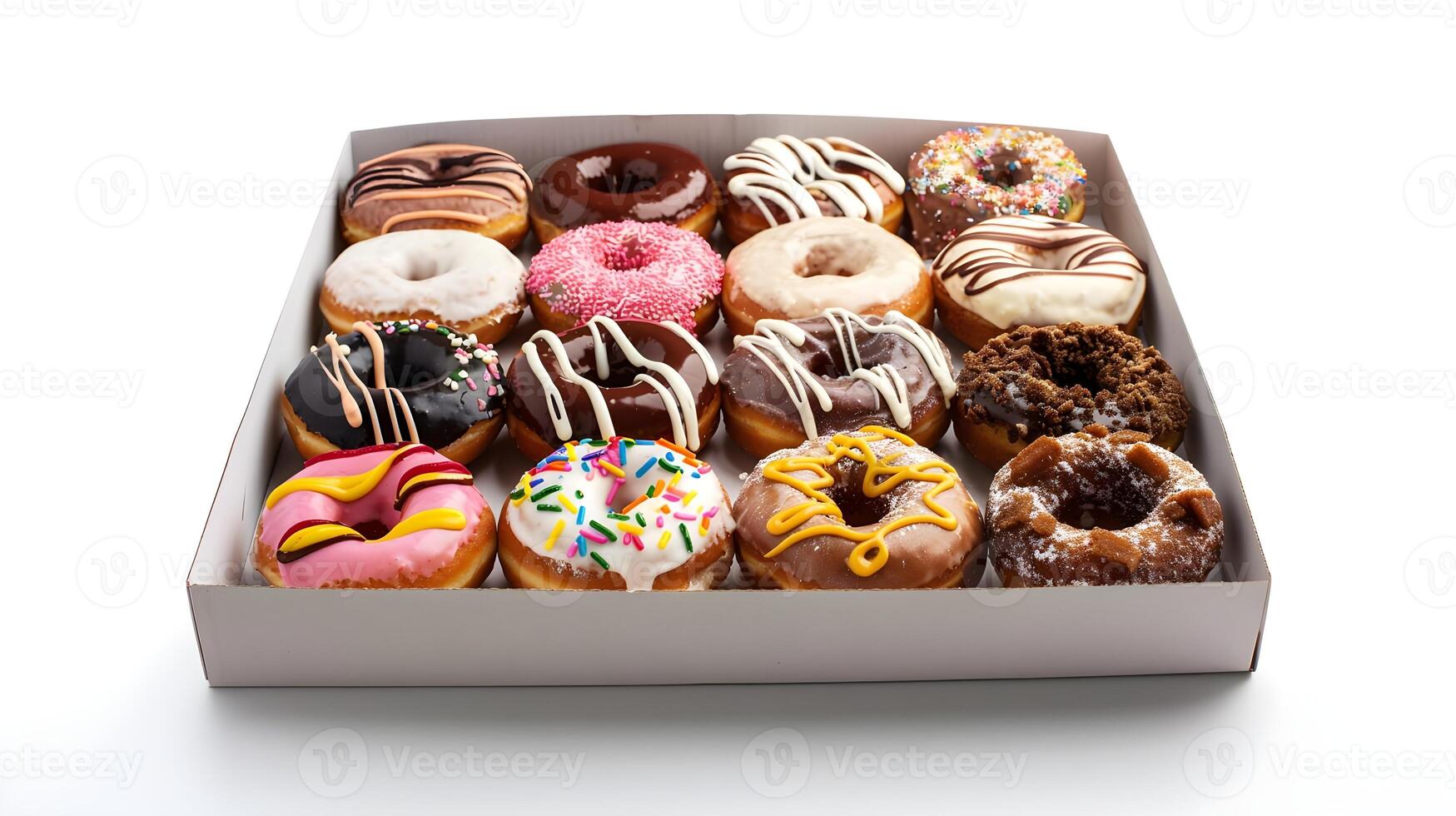 A box of donuts with different flavors and toppings photo