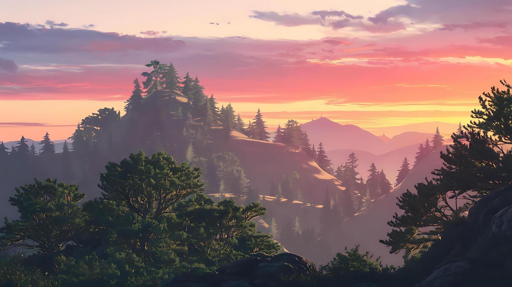 beautiful sunset in the mountains of hill tops with red clouds over them photo