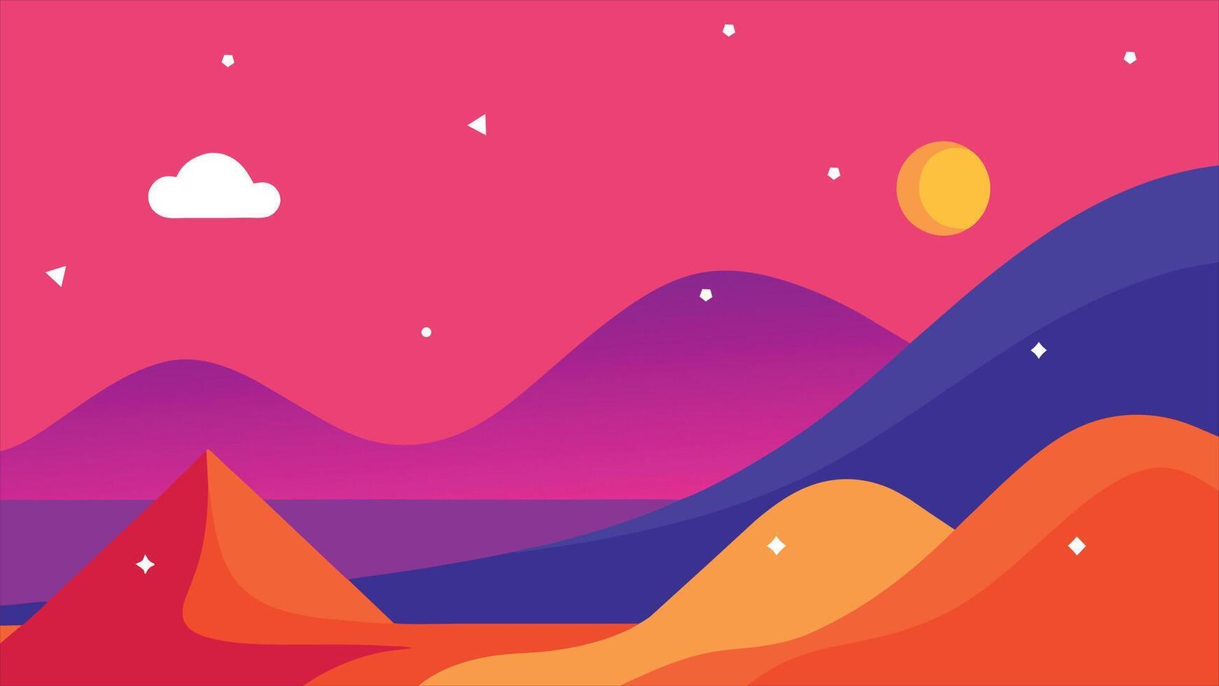 A colorful, abstract landscape with mountains and a sun. The sky is pink and the mountains are orange and blue vector