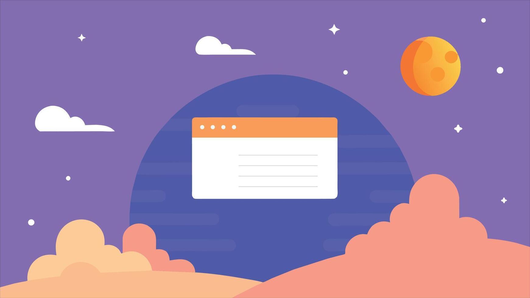 A computer screen with a message on it. The message is written in orange and is on a blue background. The image has a space theme with a large orange moon in the background vector