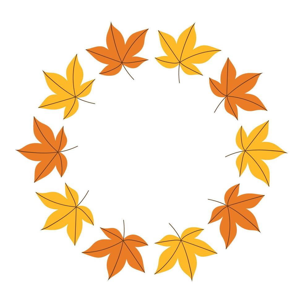 Maple Hand drawn Autumn yellow Leaf circle Frame background. Blank Fall season poster, postcard Empty round backdrop made of yellow Leaves. vector