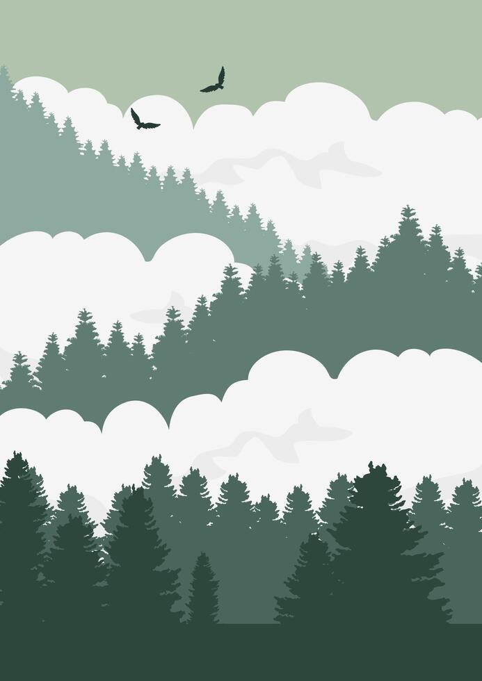 Abstract winter landscape postcard composition. Mountains forest cloudscape flat illustration vector