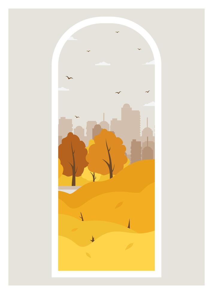 Autumn city park scene view illustration. Parkland trail with trees and bushes with falling leaves vector