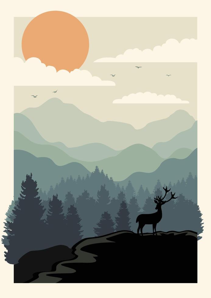 Wildlife animals in nature illustration poster. Minimalistic winter forest and deer vector