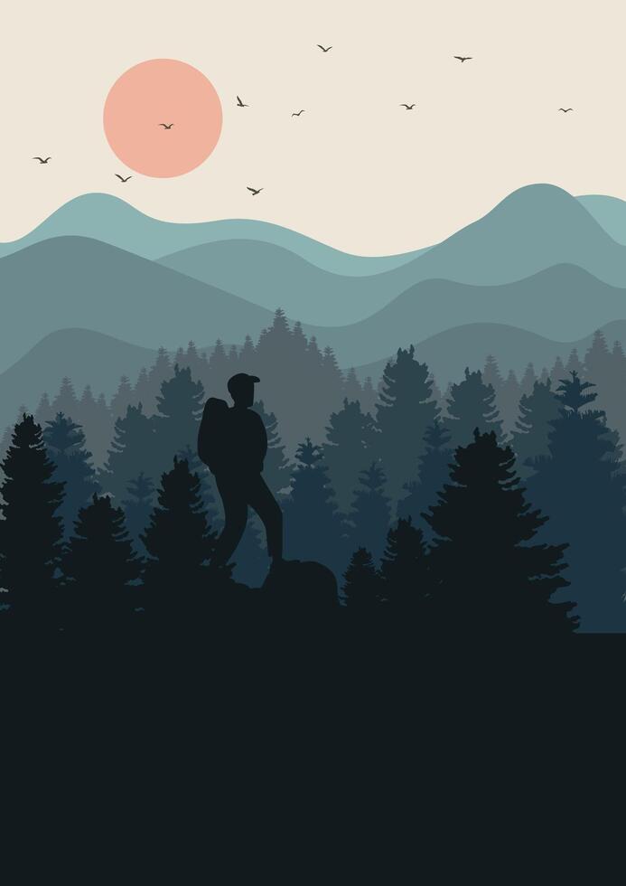 Forest nature landscape background with mountains. Concept of discovery, explorer hiking, adventure vector